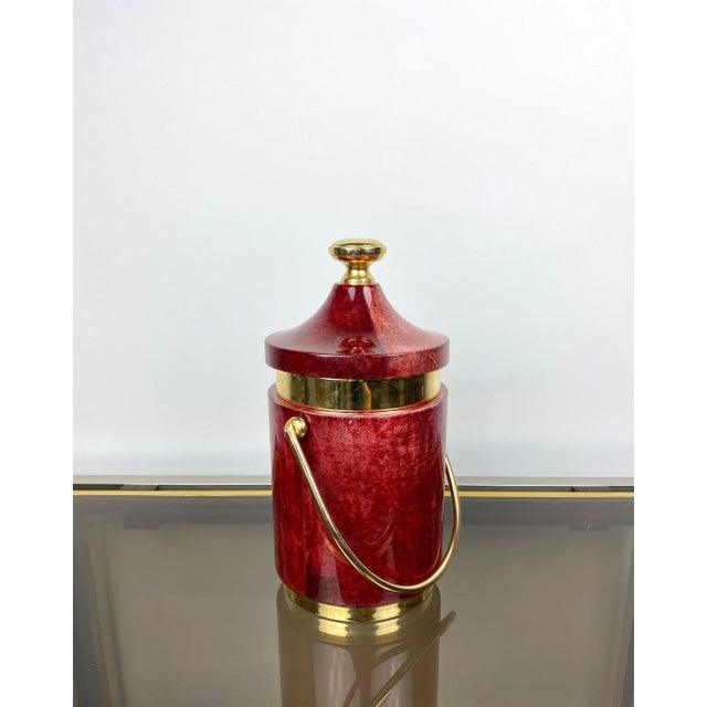 Red Goatskin & Brass Ice Bucket by Aldo Tura, Italy, 1960s For Sale - Image 4 of 13