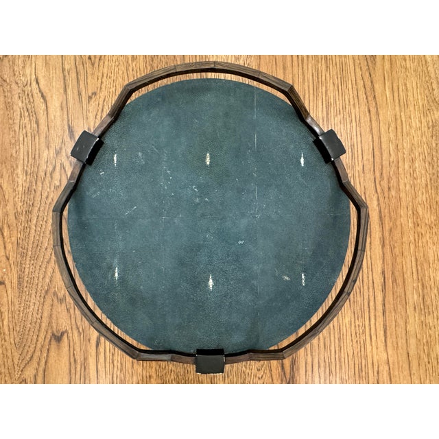 1990s This Is a Luxury Round Decorative Tray by R&y Augousti Featuring a Textured Shagreen Surface Framed by a Sculptural Dark Metal and Wood Trim. 16” For Sale - Image 5 of 8