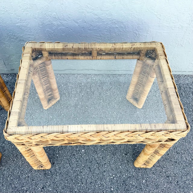 Boho Chic Woven Wicker Glass Top Side Tables - A Pair For Sale - Image 4 of 8