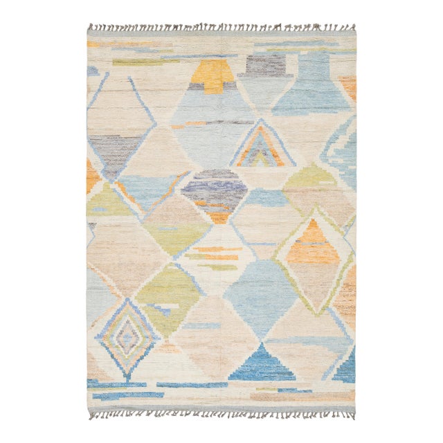 Abstract Geometric Moroccan Style Hand-Knotted Wool Rug – Pastel & Earth Tones For Sale