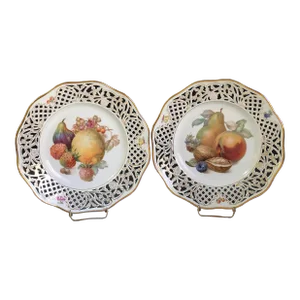 1940s Set of 2 Vintage Schumann Germany Porcelain Plates Reticulated Various Fruits