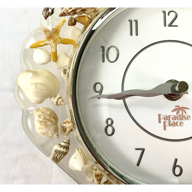 Coastal McM-Coastal-Lucite Wall Clock – Shaped Like a Seashell-Embedded Throughout With Tiny Seashells For Sale - Image 3 of 8