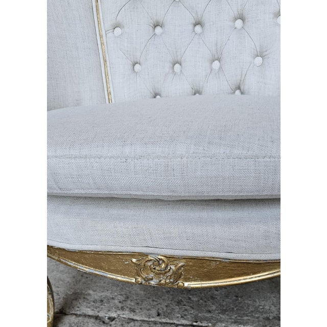 1920s French Gilt Wood Louis XV Style, Fauteuil Marquise Pair of Chairs, Tufted Chairs For Sale - Image 9 of 18