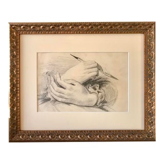 Antique Original Drawing of Hands Holding an Ink Pen 19th Century For Sale