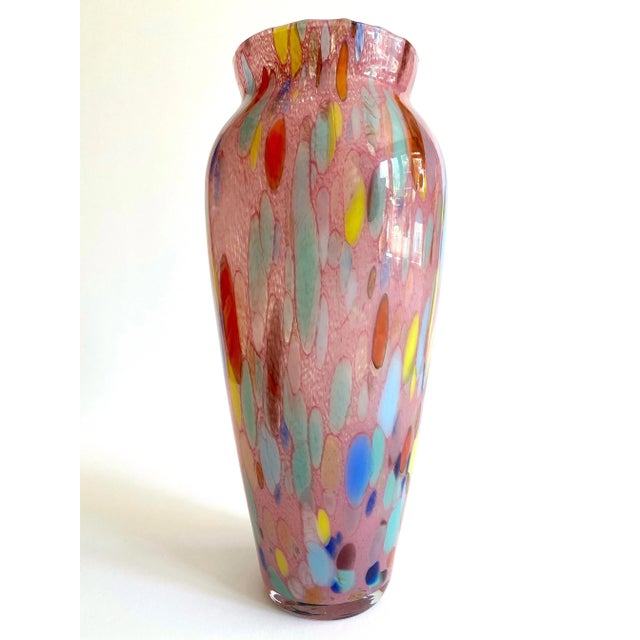 Vintage 1980's Post Modern Abstract Hand Blown Studio Art Glass Multicolor Tall Flower Vase For Sale - Image 13 of 13