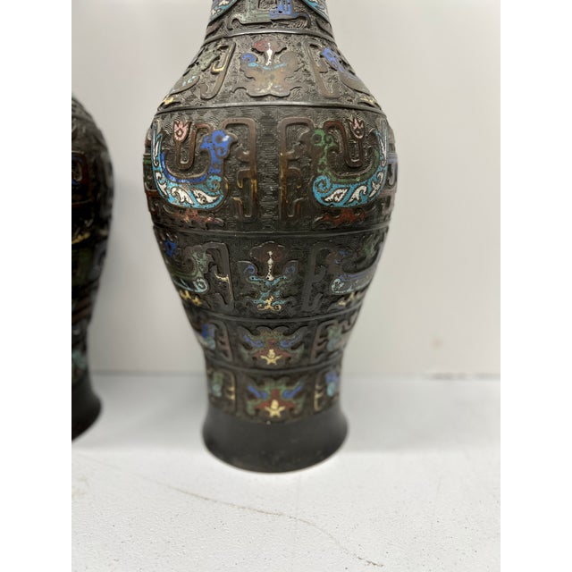 Pr. 19th C. Meiji Japanese Champleve Inset Bronze Vases Signed 21.25" For Sale In Boston - Image 6 of 11