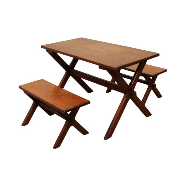 Antique Youth Size Oak Sawbuck Dining Farm Table with Benches For Sale - Image 13 of 13