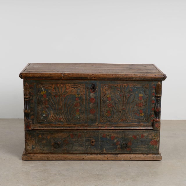 Folk Art 19th Century Blue Painted Carved Flat Top Trunk With Drawer From Hungary For Sale - Image 3 of 14