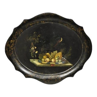 Antique French Papier Mache Tole Hand Painted Fruit Still Life and Bird Tray For Sale