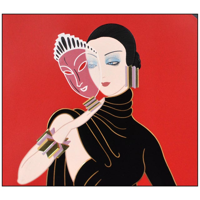 Erté Late 20th Century Crystal Mask Art Deco Red Embossed Serigraph Erté For Sale - Image 4 of 7