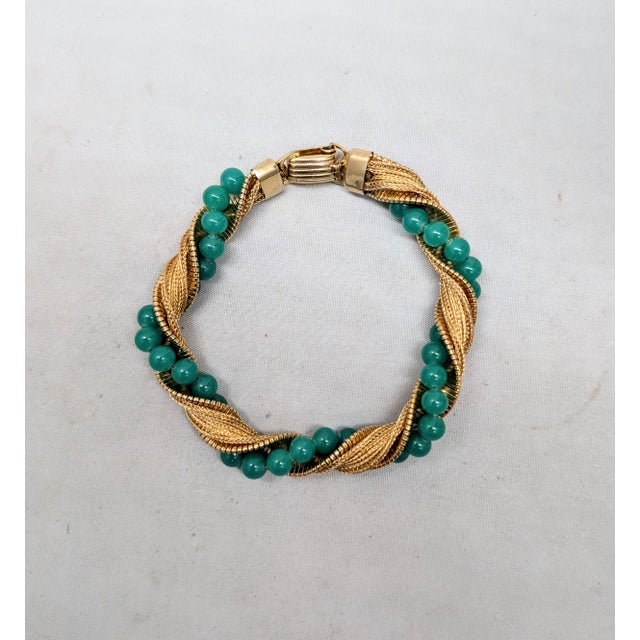 Mid-Century Modern Vintage 1960s Signed Napier Goldtone Faux-Jade Beaded Twisted Bracelet For Sale - Image 3 of 8