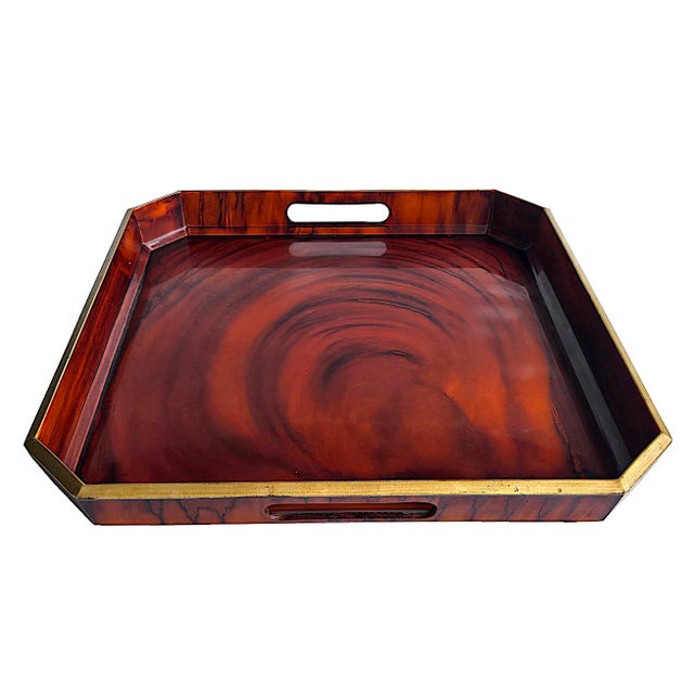 Offered is a sleek and chic 1970s/early 1980s Japanese lacquer tray in a faux tortoise shell/burled wood design. It...