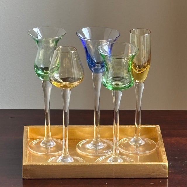 Vintage Hand-Blown Cordial / Liqueur Glasses & Giltwood Tray For Sale - Image 13 of 13