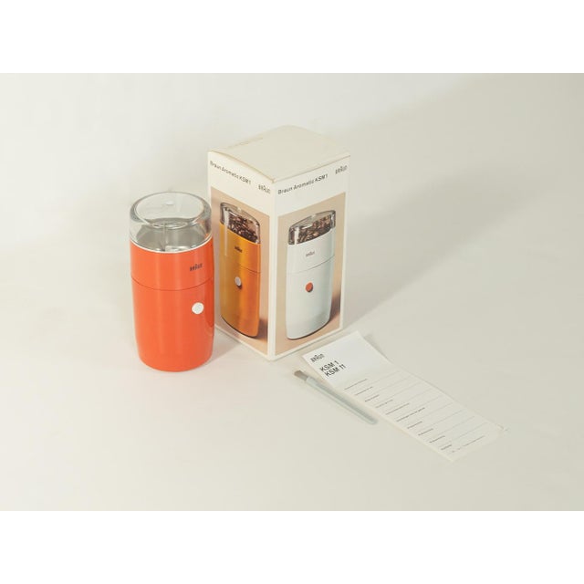 Rare, virtually unused KSM1 electric coffee grinder by Reinhold Weiss for Braun from the 1960s, in its original box....