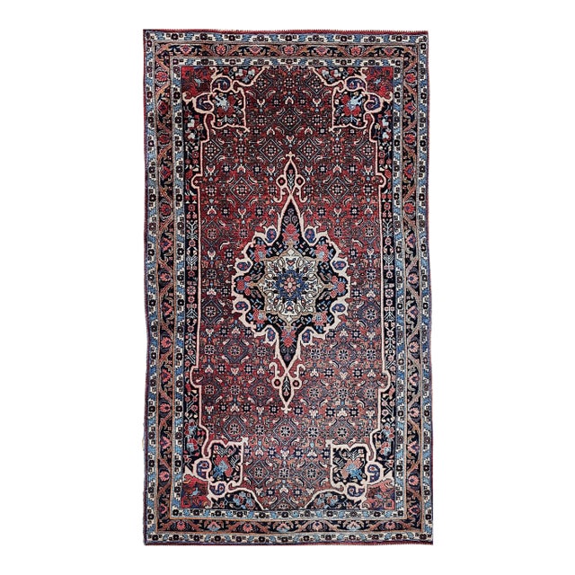 Vintage Persian Bidjar Gallery Rug, Hand-Knotted Wool, Geometric Medallion Pattern, Red & Navy, 5’ X 9’ For Sale