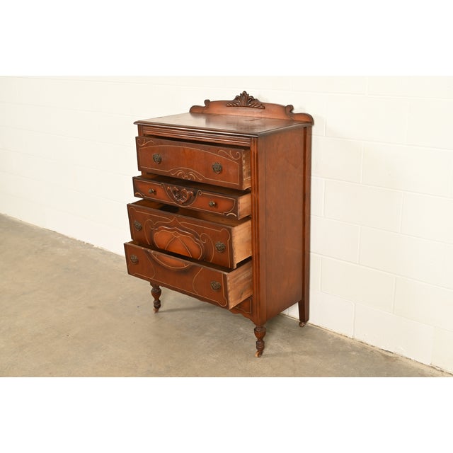 1930s Berkey & Gay Style Antique Art Deco Carved Walnut Highboy Dresser, Circa 1930s For Sale - Image 5 of 11