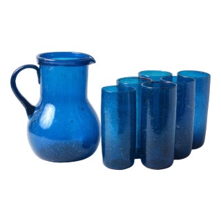 Blue Bubble Glass Pitcher with Tumblers, 1950s, Set of 7 For Sale