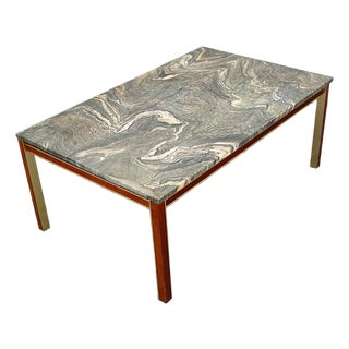 Mid Century Modern Coffee Table Rectangular Marble Rosewood Metal Steel Stone For Sale