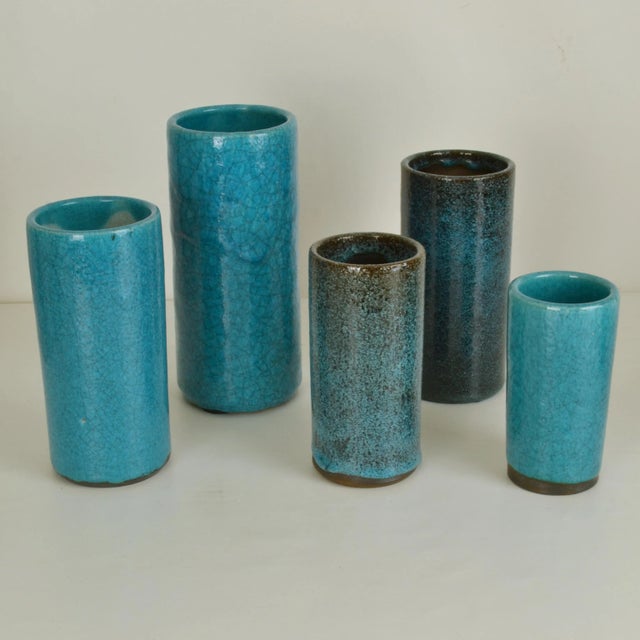 Blue Ceramic Cylinder Vases by Groeneveldt, Set of 10 For Sale - Image 4 of 14
