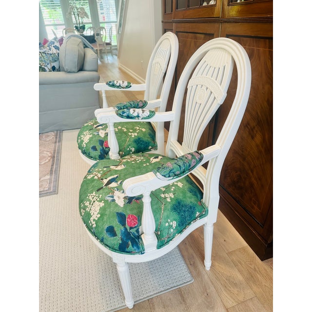 20th-Century Louis XVI Style Neoclassical Armchairs, Newly Reimagined – Thibaut Katsura in Emerald For Sale - Image 9 of 12