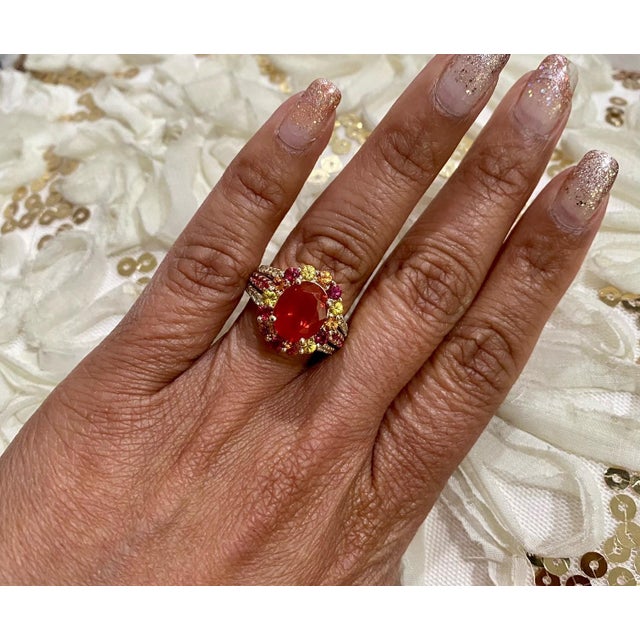 Metal 4.29 Carat Oval Cut Fire Opal Sapphire Diamond Yellow Gold Cocktail Ring Size 7 For Sale - Image 7 of 7