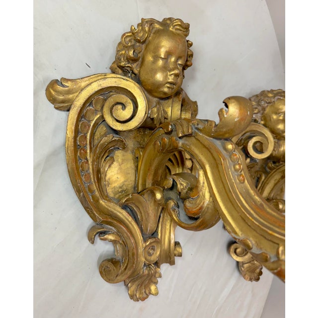 Large Antique Ornate Carved Italian Gilt Wood Cherub Wall Sconce Fixtures - a Pair For Sale - Image 4 of 18