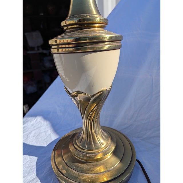 Art Deco Vintage Brass and Cream Enamel Stiffel Table Lamp For Sale - Image 3 of 9