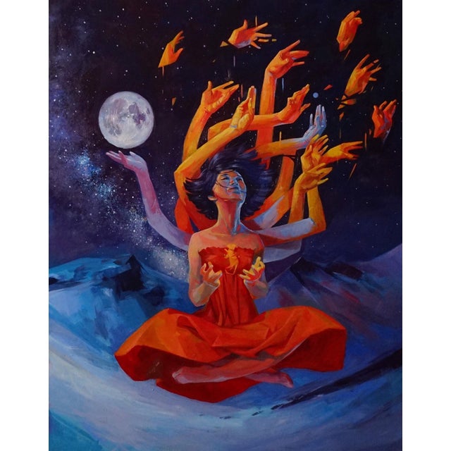 In "Ember," a figure sits in a meditative pose, surrounded by a flurry of vibrant hands that reach out, conveying a sense...