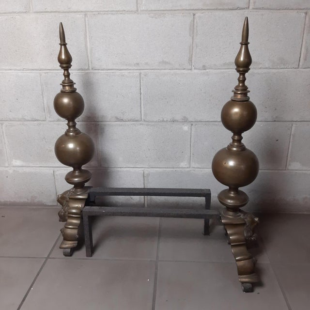Antique Fireplace Andirons with Brass Cherubs, Italy, Early 1900s, Set of 2 For Sale - Image 3 of 15