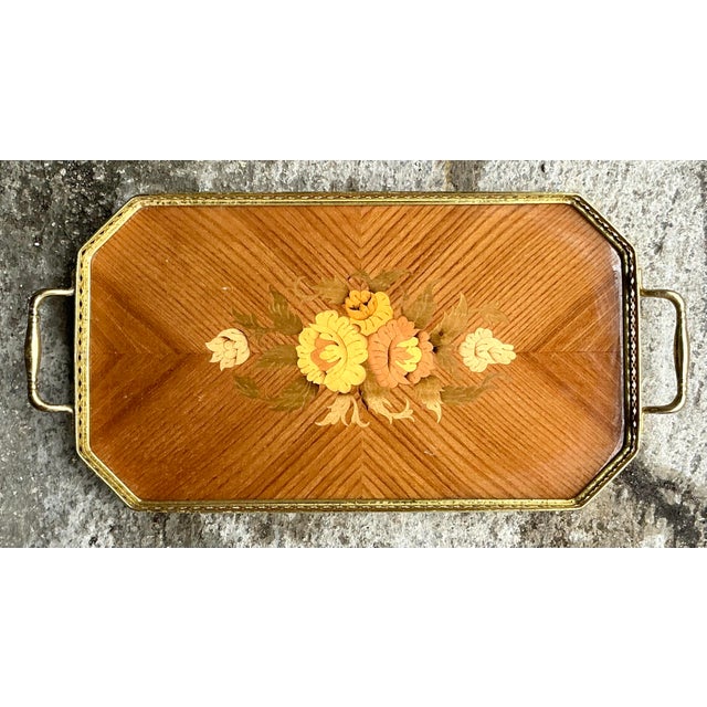 Camel Vintage Boho Italian Marquetry Brass Gallery Tray For Sale - Image 8 of 9