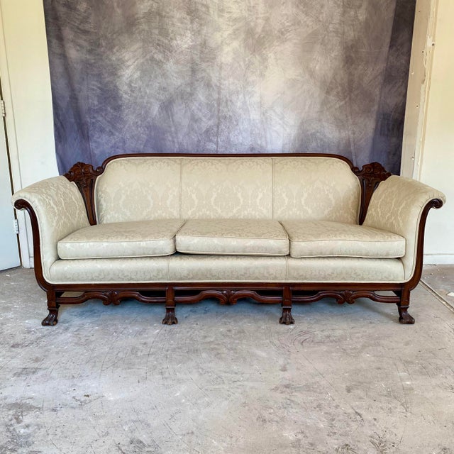 Antique Chippendale Style Victorian Sofa With Cream Damask Upholstery For Sale - Image 4 of 17