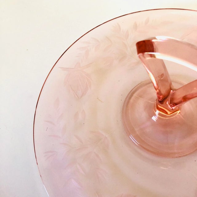 Shabby Chic Vintage Pink Depression Glass Handled Tray/ Sandwich Plate For Sale - Image 3 of 5