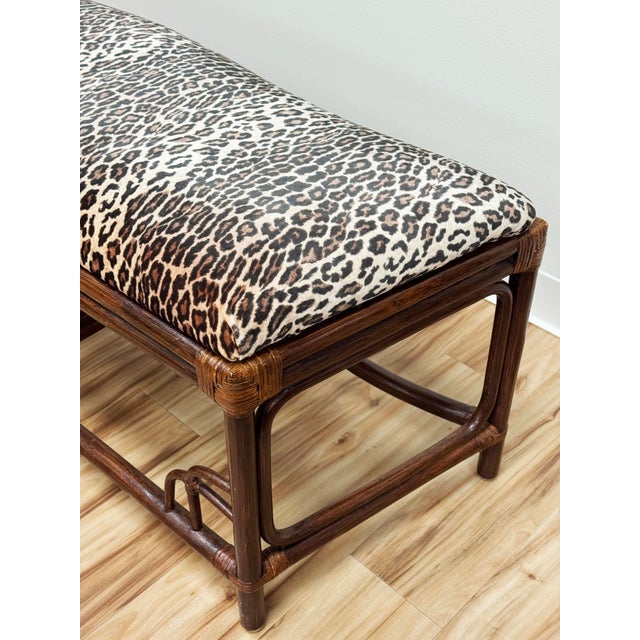 Wood Vintage Chinoiserie Style Leopard Print Velvet Upholstered Rattan Bench For Sale - Image 7 of 9