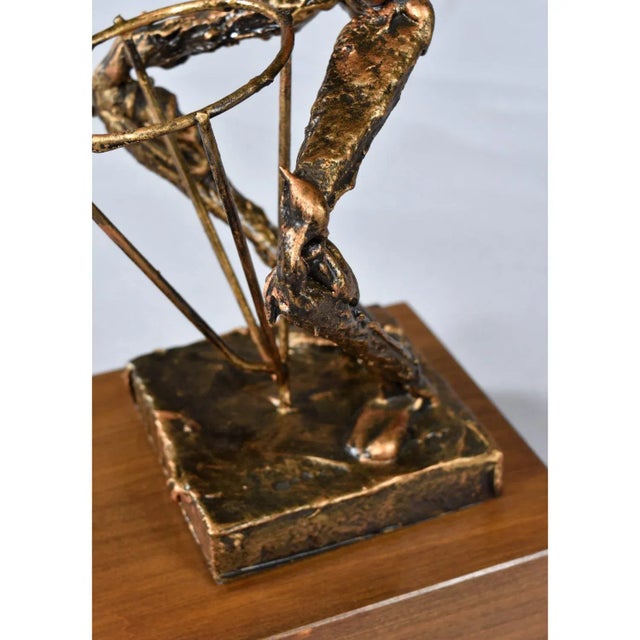 Copper Mid-Century Gold and Black Brutalist Drummer Figurine Sculpture on Wood Pedestal For Sale - Image 8 of 9