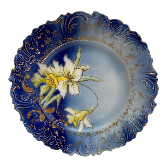 Antique Flow Blue Hand Painted Flowers Art Nouveau Germany Saxe Altenberg Cabinet Plate For Sale