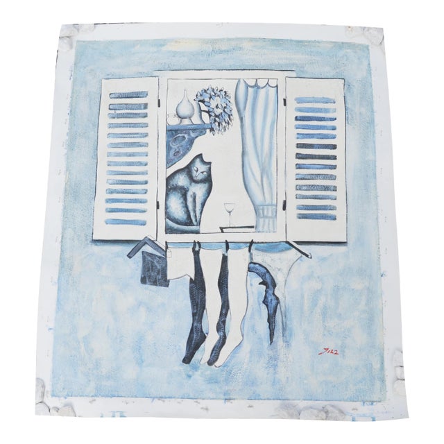 1995 Vintage Cubist Sky Blue Oil Painting on Canvas, Signed Dated For Sale