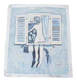 1995 Vintage Cubist Sky Blue Oil Painting on Canvas, Signed Dated