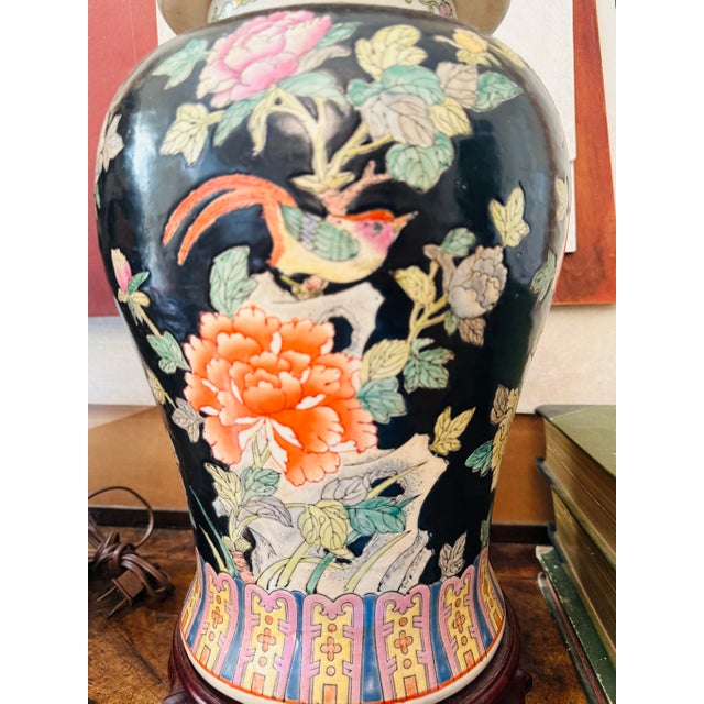 Ceramic Vintage Chinese Famille Noire with Floral Birds Ginger Jar Table Lamps - Pair For Sale - Image 7 of 12