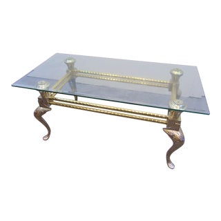 Mid Century Engraved Brass & Glass Coffee Table For Sale