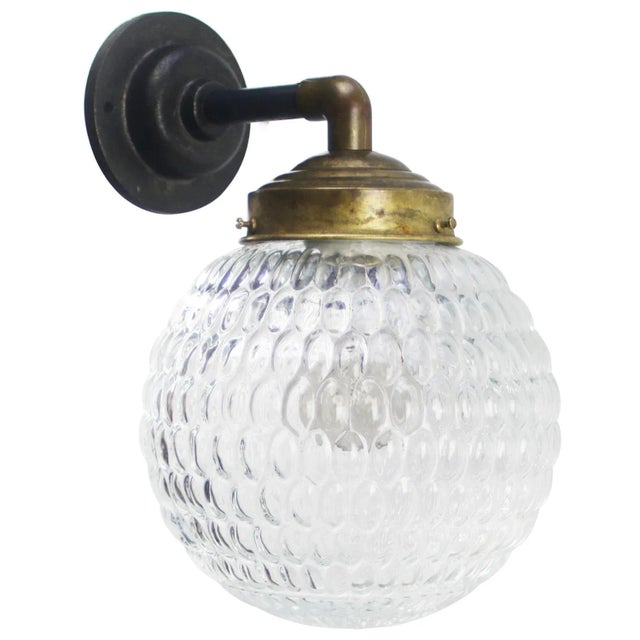 Vintage Industrial Clear Glass and Brass Cast Iron Sconce For Sale - Image 4 of 6