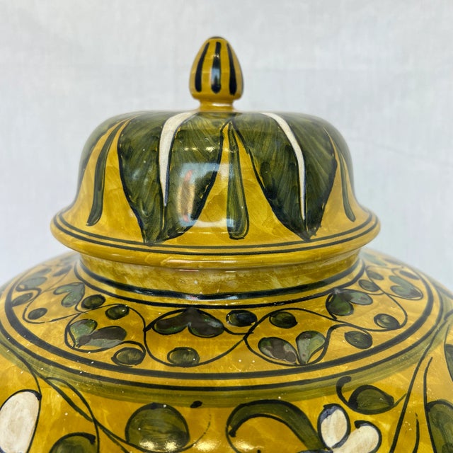 Hand Painted Green and Yellow Ceramic Urn with Lid. Created in Italy.