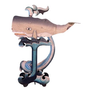 Vintage Folk Art Carved Whale Kinetic Sculpture on Stylized Ocean Base For Sale