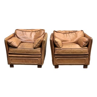 Pair Large-Scale French 1970s Cognac Saddle Leather Armchairs For Sale