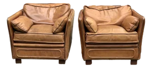 Pair Large-Scale French 1970s Cognac Saddle Leather Armchairs