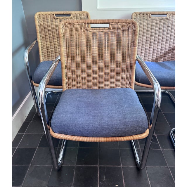 1970s Set of 4 Attributed Chromcraft Cantilever Chairs With Wicker Backrest For Sale - Image 5 of 12