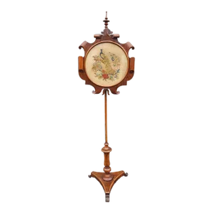 19th Century Victorian Renaissance Rosewood Floral and Peacock Needlepoint Pole Screen