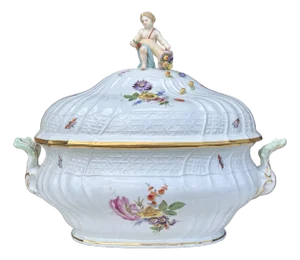 Antique Meissen Large Porcelain Lidded Tureen, Hand-Painted Floral With Figural Finial, Marked