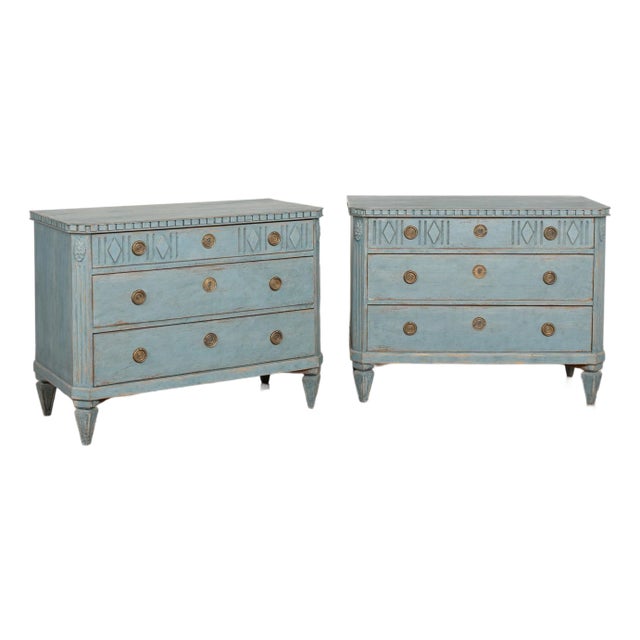 Pair, 19th Century Blue Gustavian Pine Chest of Drawers For Sale