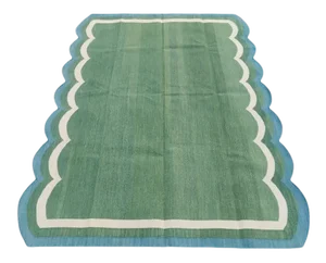 Handmade Cotton Vegetable Dyed Scalloped Edge Rug in Forest Green With Cream and Teal Blue Border - 5x7