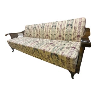 Vintage Cane-Side Sofa With Curved Wood Arms – Reupholstery Ready For Sale